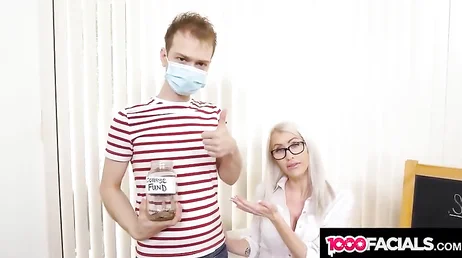 Blonde teacher with glasses swallowing the young student's cock nonstop