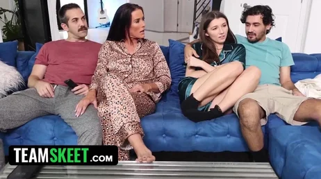 Mother and daughter have sex together and end up dragging the boys into an orgy